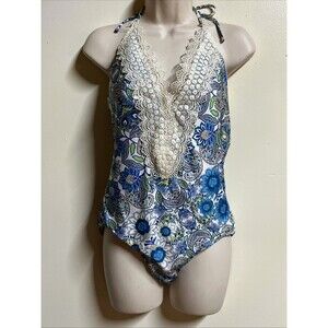 Sea Angel Womens One Piece Swimsuit Size M Blue Floral Lace Trim Halter